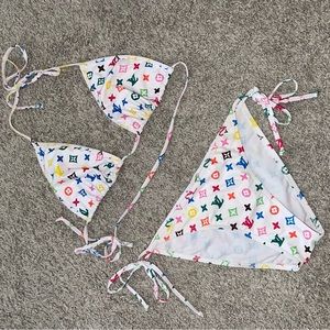 White LV Pattern Bikini Set